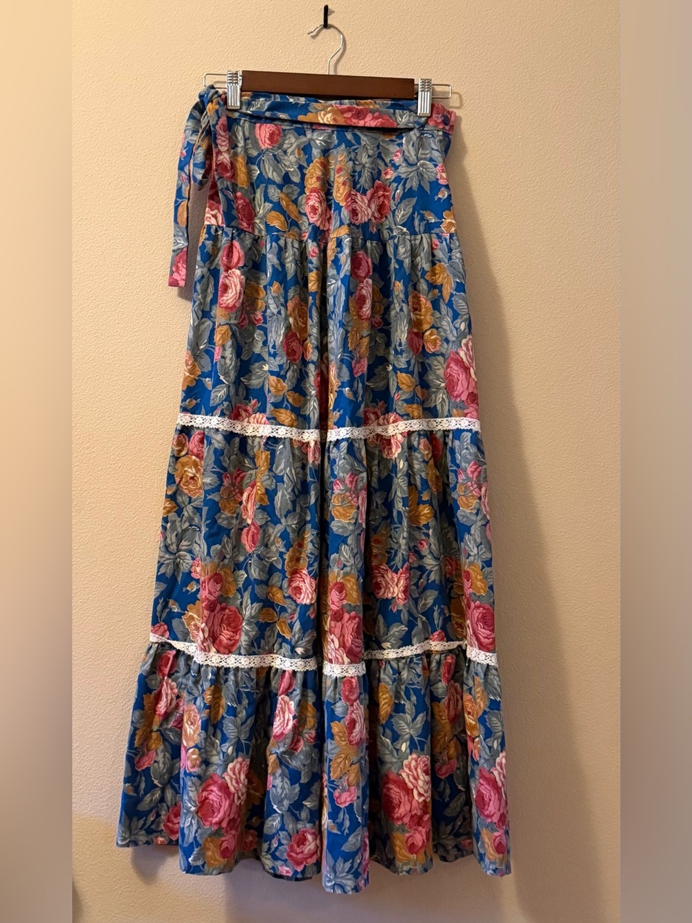 Vintage Fritzi of CA Tiered Floral Maxi Skirt with Lace Trim